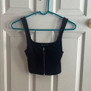 Zara Black Fitted Crop Tank Top with Silver Zipper